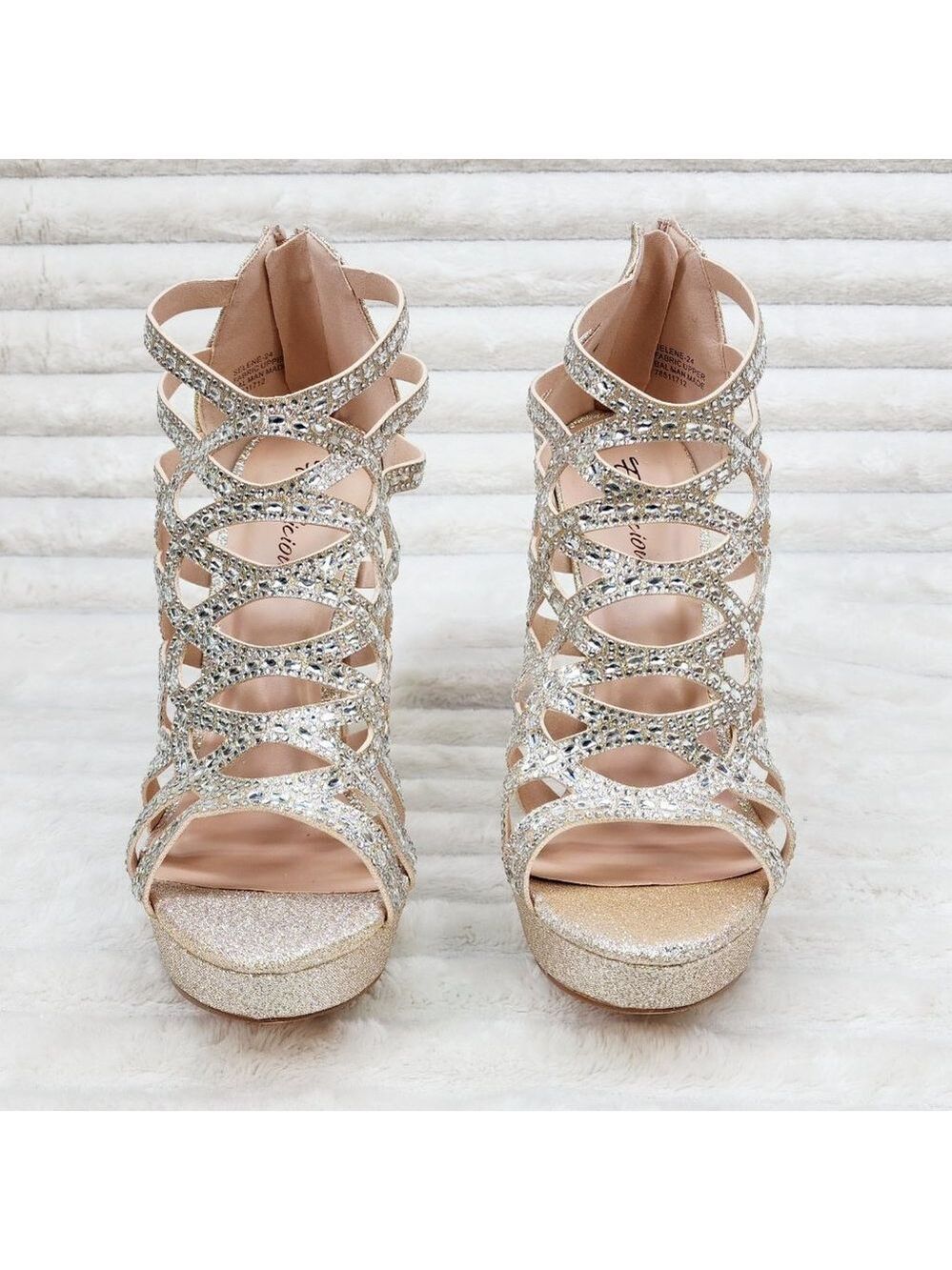Fabulicious Selene Cut Out Glitter Rhinestone High Heel Sandal Shoes Champagne